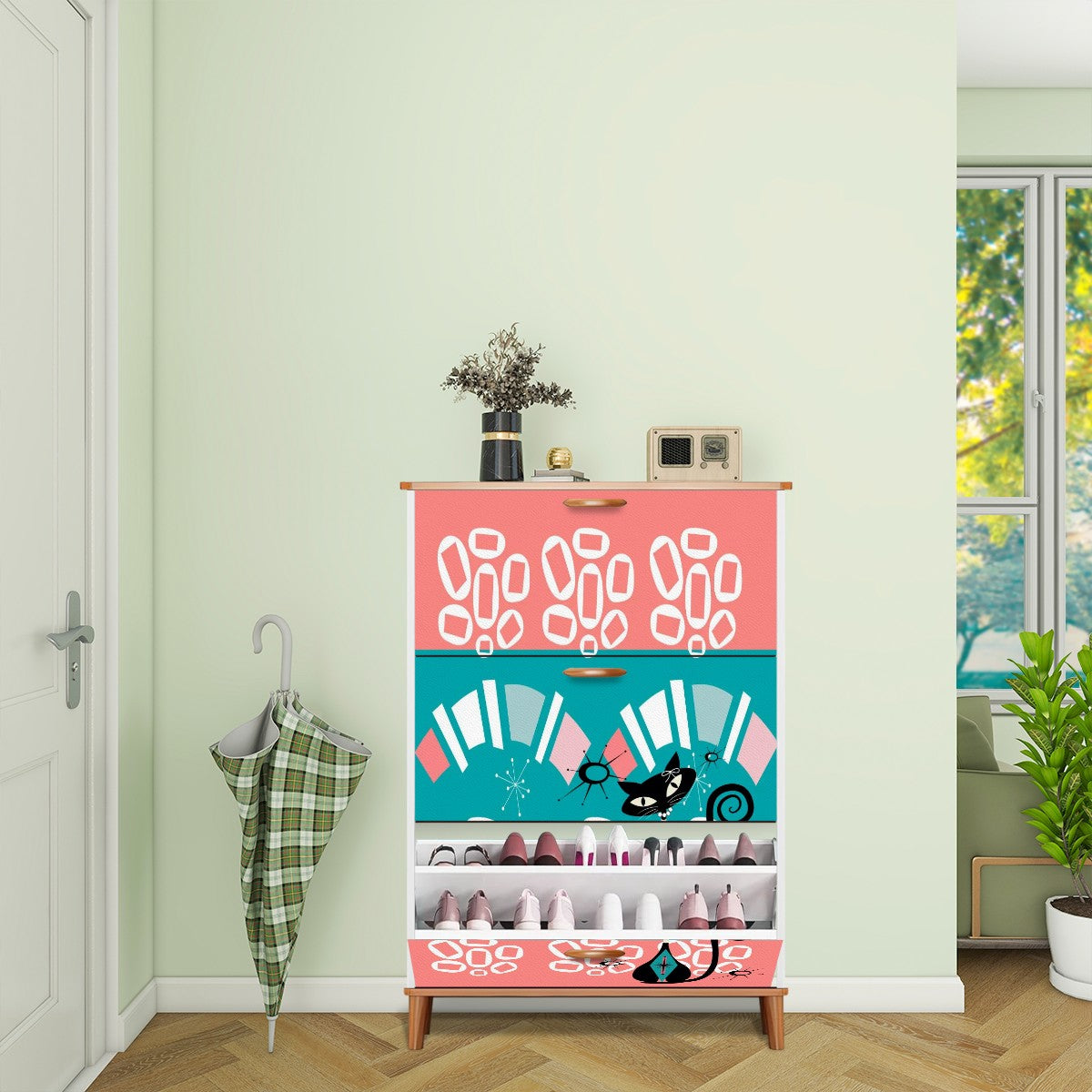 Mid Century Modern Storage Shoe Cabinet, Coral, Teal Kitschy Mod Cat Design - Mid Century Modern Gal