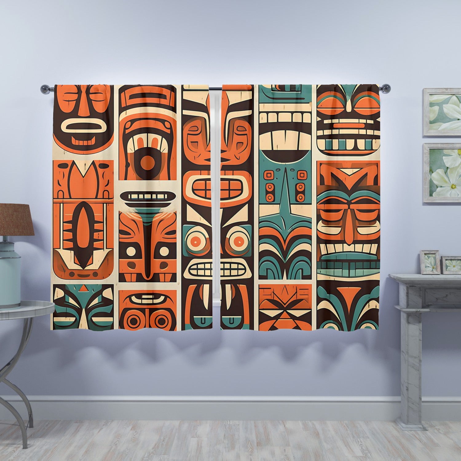 Tiki Idol Mid Mod Retro Orange, Teal Beige Window Curtains (two panels)