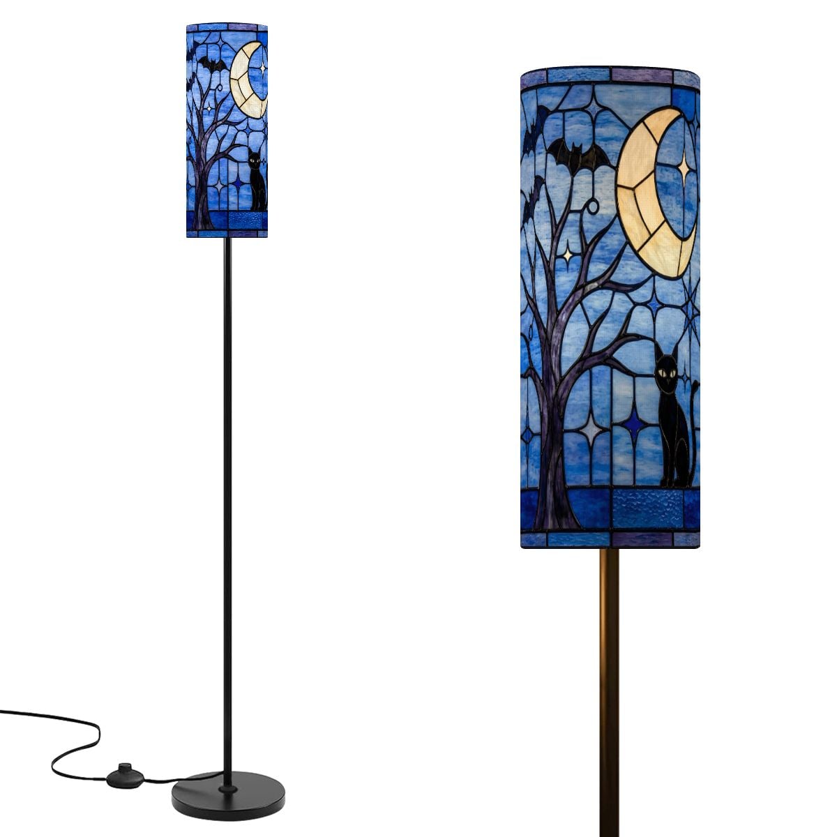 Halloween Stained Glass Style Night Sky Black Cat Slim Floor Lamp