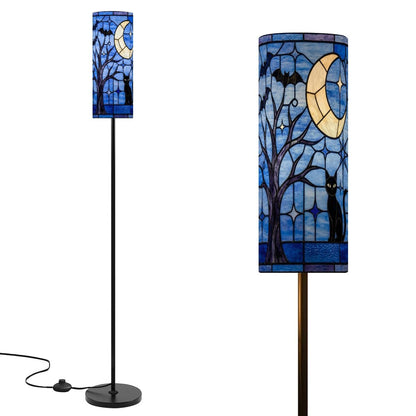 Halloween Stained Glass Style Night Sky Black Cat Slim Floor Lamp