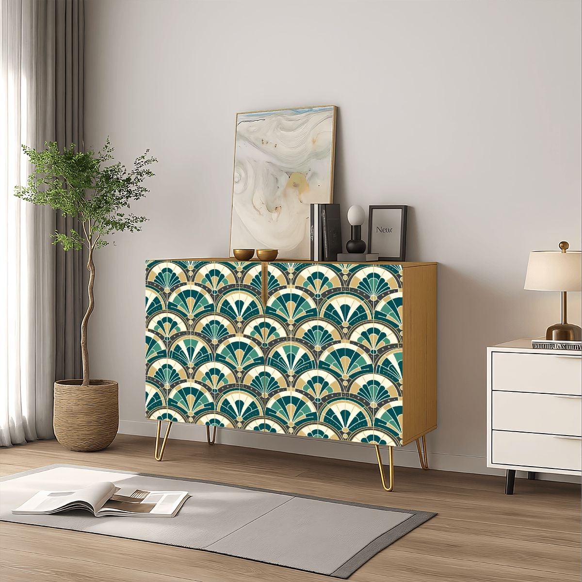 Art Deco Peacock Inspired Wooden Storage Cabinet - Mid Century Modern Gal