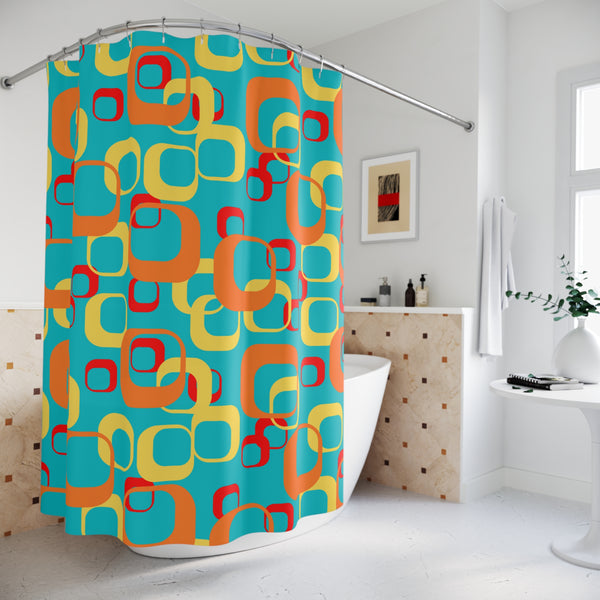 Mid Century Modern, Aqua Blue, Orange, Yellow, Red, Geometric, Retro, MCM Shower Curtains