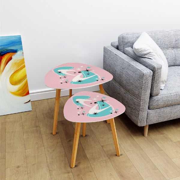 Atomic 50s Pink, Aqua Boomerang Mid Century Modern Nesting Tables Set of 2 (Made in USA)