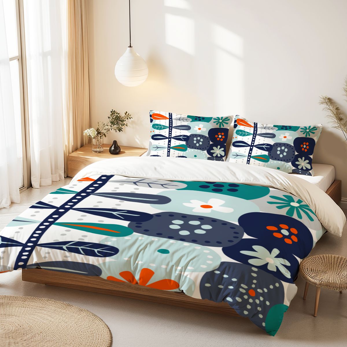 Scandinavian Floral Mid Century Modern Nordic Danish Blue, Teal Orange Queen Duvet Cover Set - Mid Century Modern Gal