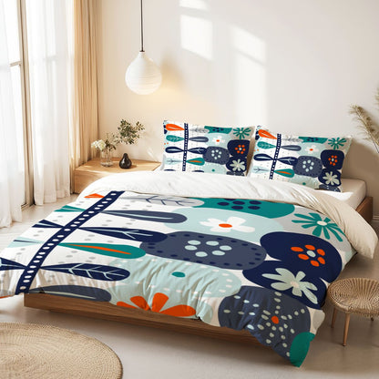 Scandinavian Floral Mid Century Modern Nordic Danish Blue, Teal Orange Queen Duvet Cover Set - Mid Century Modern Gal