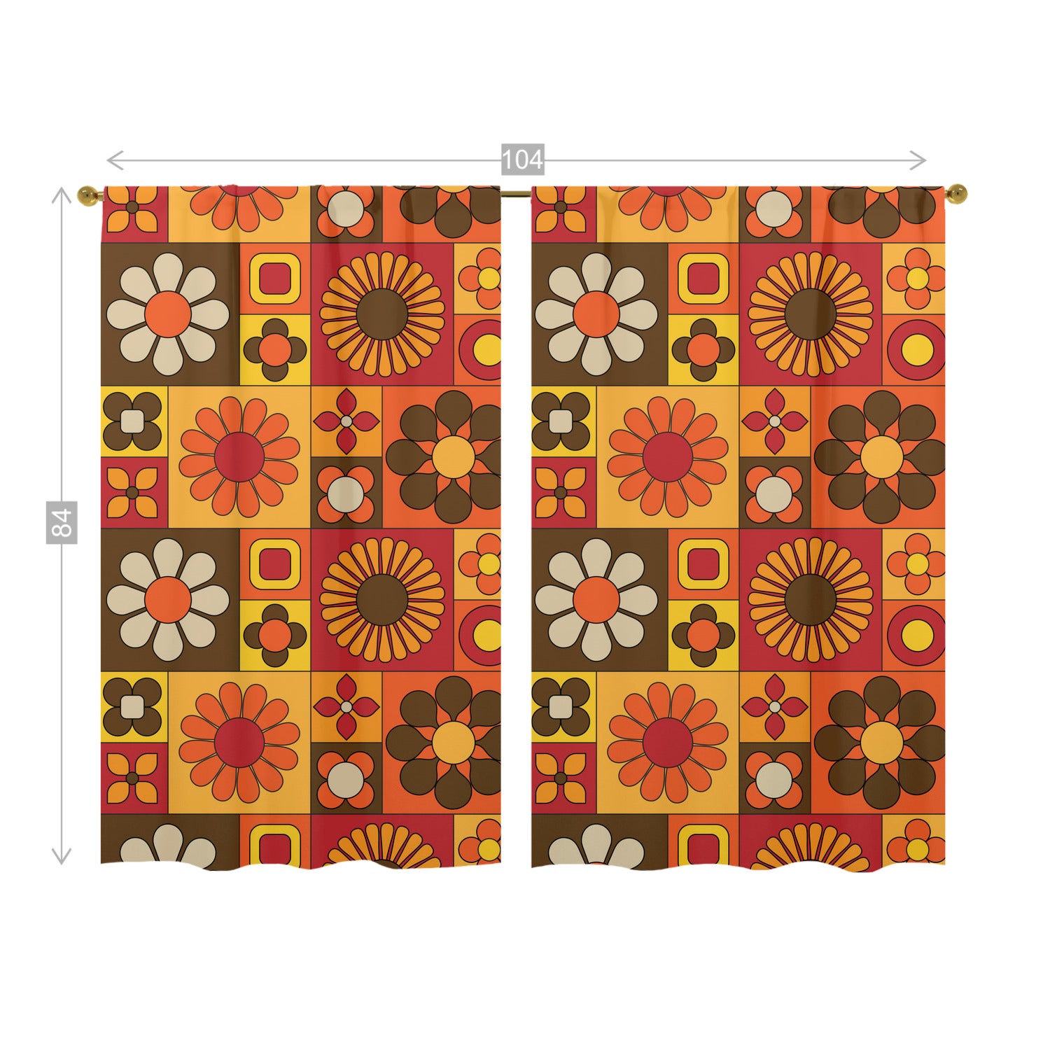 70s Flower Power Retro Orange Brown Yellow Mid Mod Window Curtains (two panels) - Mid Century Modern Gal