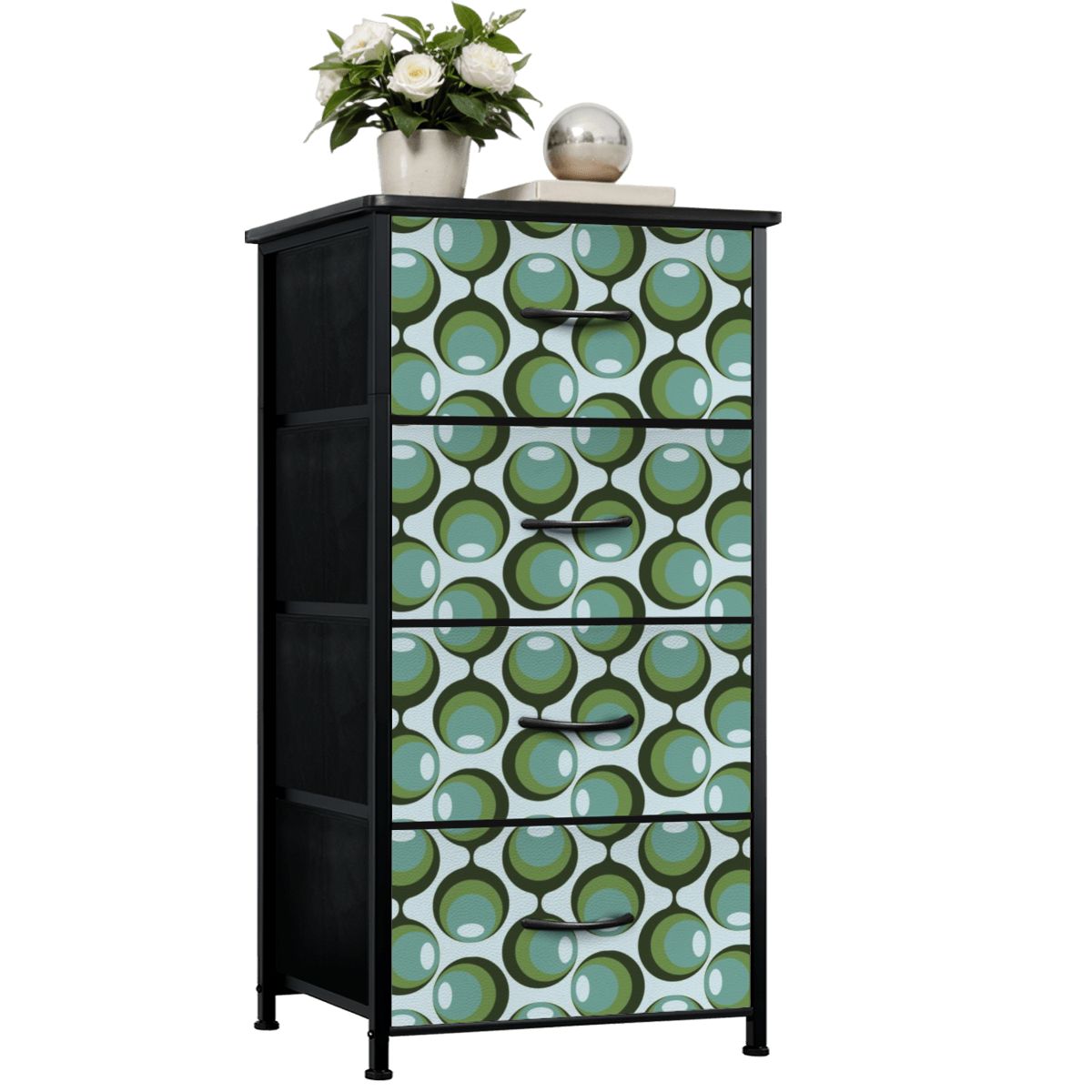 Mid Century Modern Olive Green Groovy Orbs Retro 4-Drawer Dresser - Mid Century Modern Gal