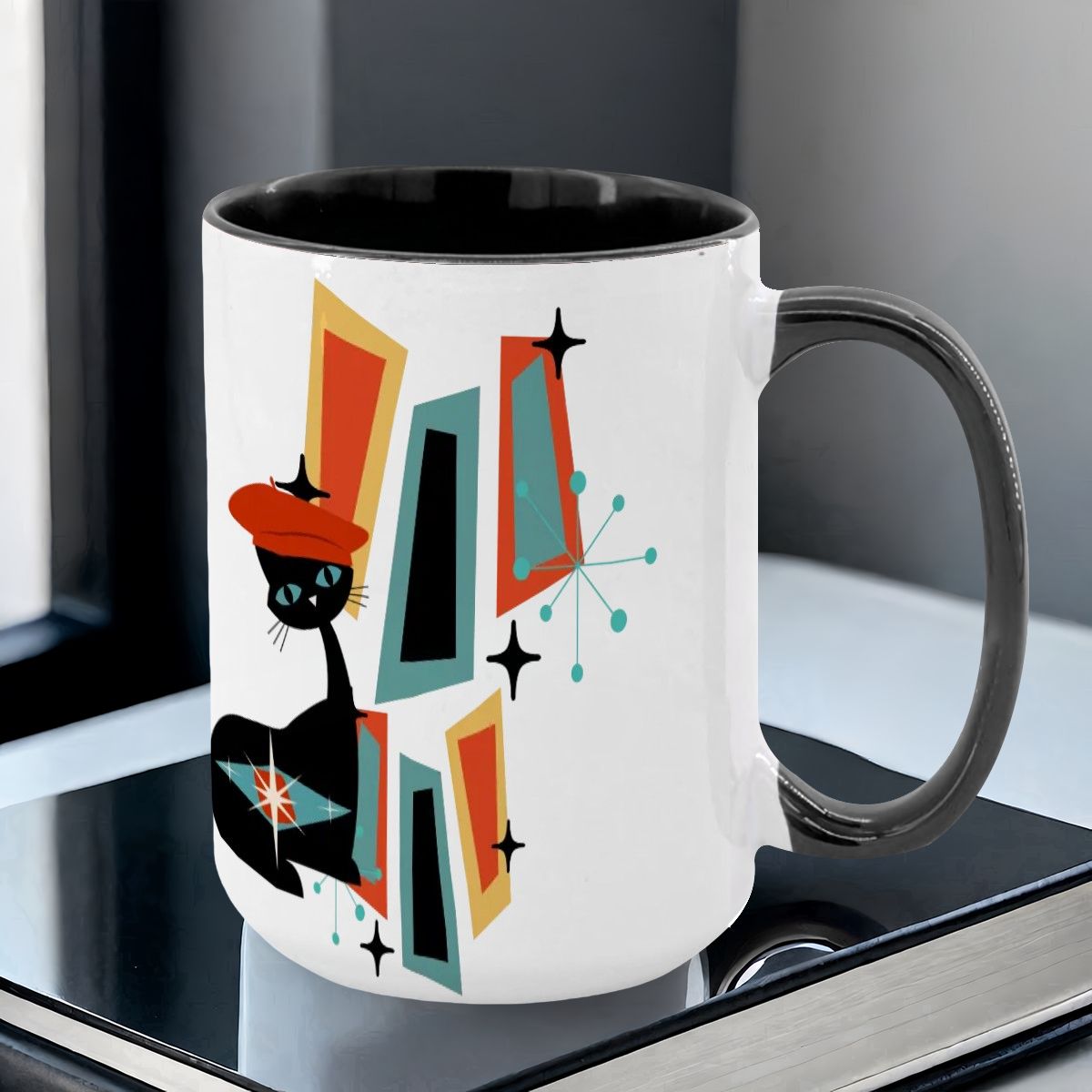 Atomic Cat Mid Century Modern Coffee Mug With Geometric Design - Mid Century Modern Gal