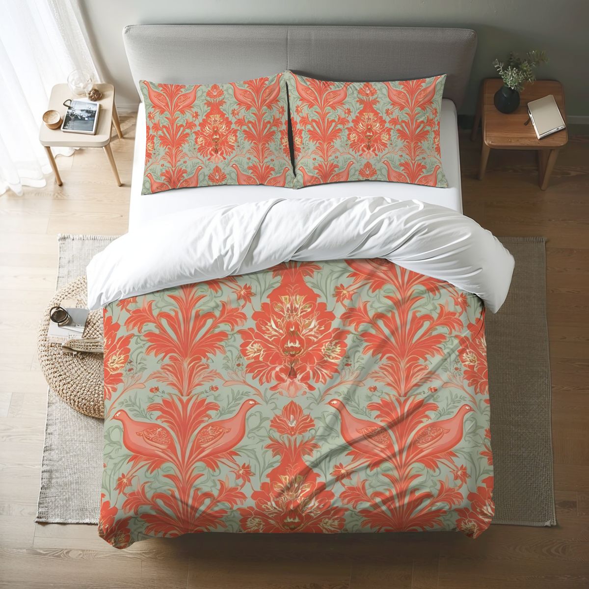 Chinoiserie Coral, Green Floral Botanicals Exotic Bird Queen Duvet Cover Set - Mid Century Modern Gal