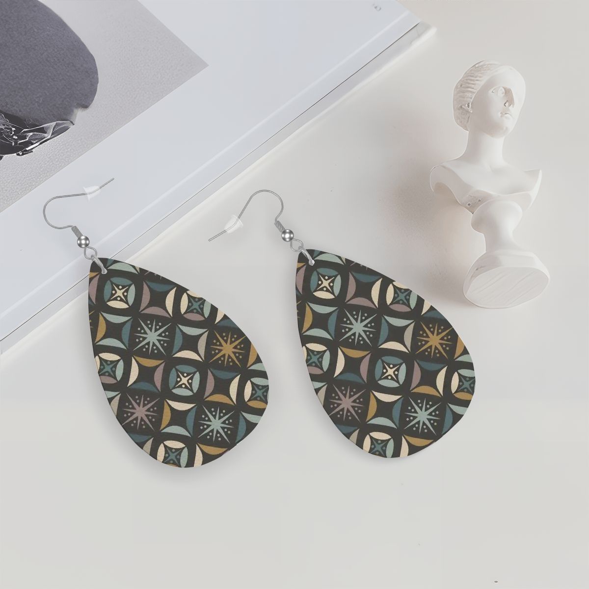 Mid Century Modern Elegant Gray Geometric Starburst  Vegan Leather Teardrop Earrings - Mid Century Modern Gal