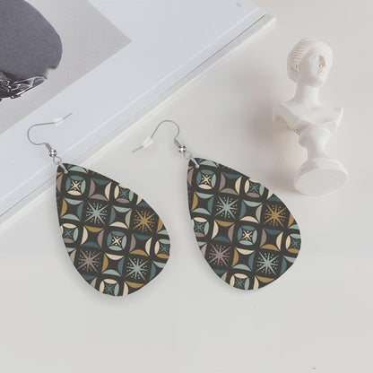 Mid Century Modern Elegant Gray Geometric Starburst  Vegan Leather Teardrop Earrings - Mid Century Modern Gal