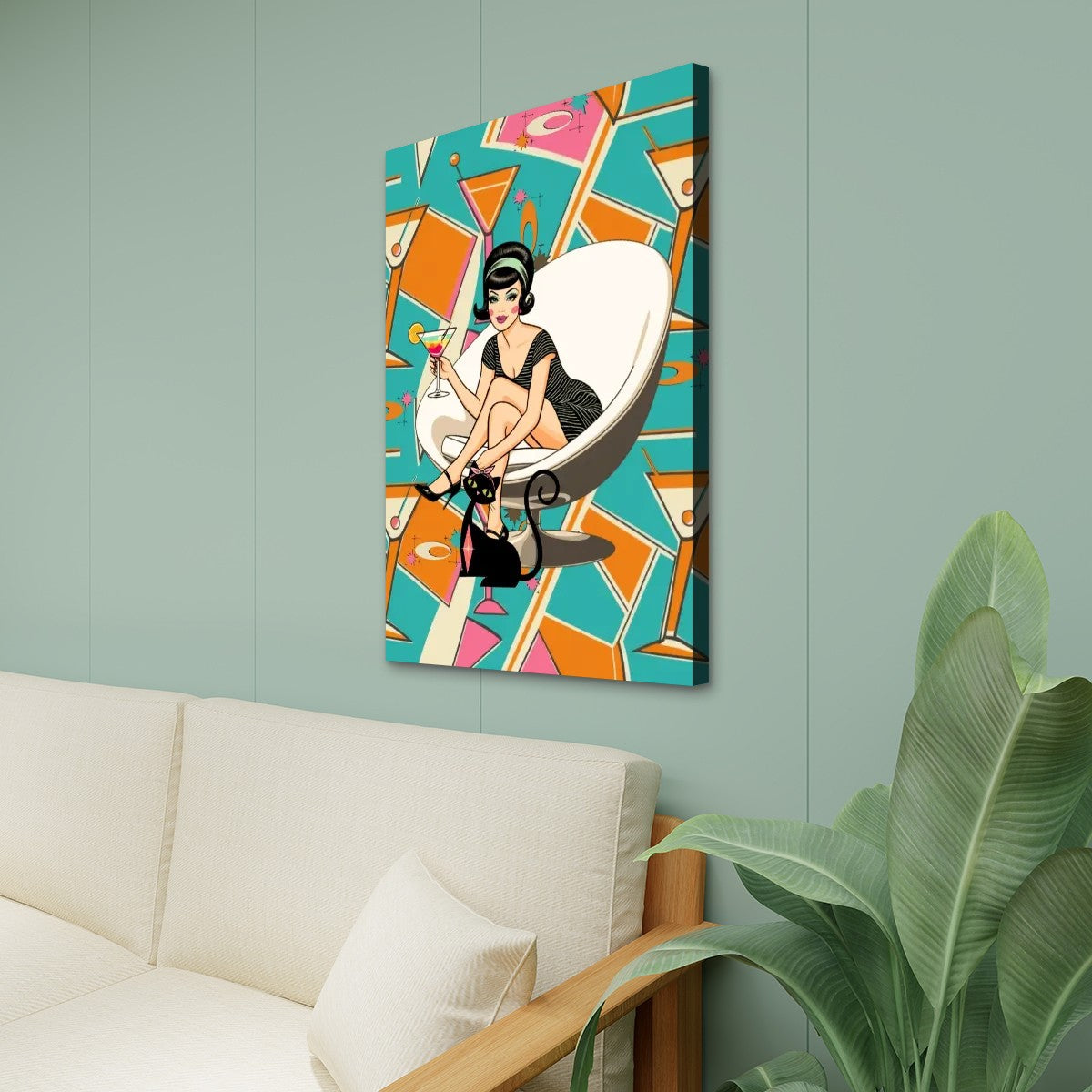 Mid Mod Atomic Cat, 60s Retro Gal, Kitschy Martini MCM Wall Art Canvas Print - Mid Century Modern Gal
