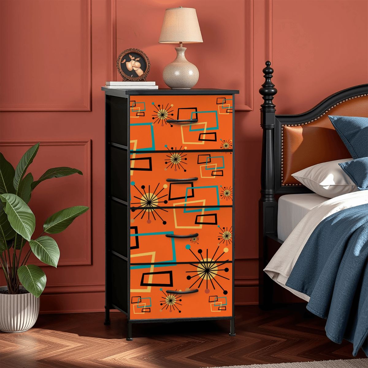 Mid Century Modern Sinatra Orange, Starburst, Geometric Funky Fun 4-Drawer Dresser - Mid Century Modern Gal