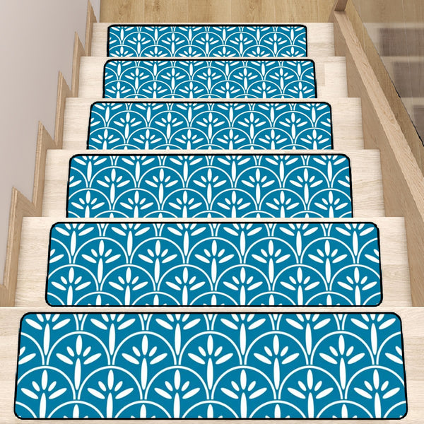 Art Deco Stair Tread Carpets | Blue And White Mid Century Modern Style Non Slip Carpet for Stairs Treads