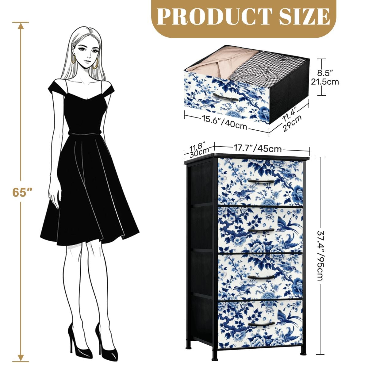Chinoiserie Blue Floral Mid Century Modern 4-Drawer Dresser - Mid Century Modern Gal