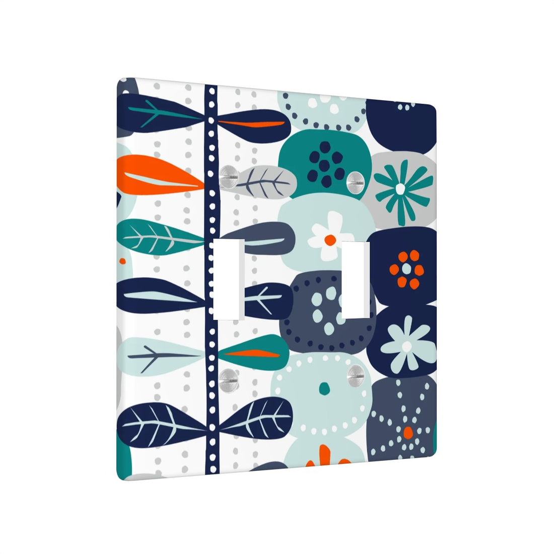 Modern Danish Scandinavian Floral Designed Blue, Teal, Orange White Switch Cover 2-Gang 2 Toggle - Mid Century Modern Gal