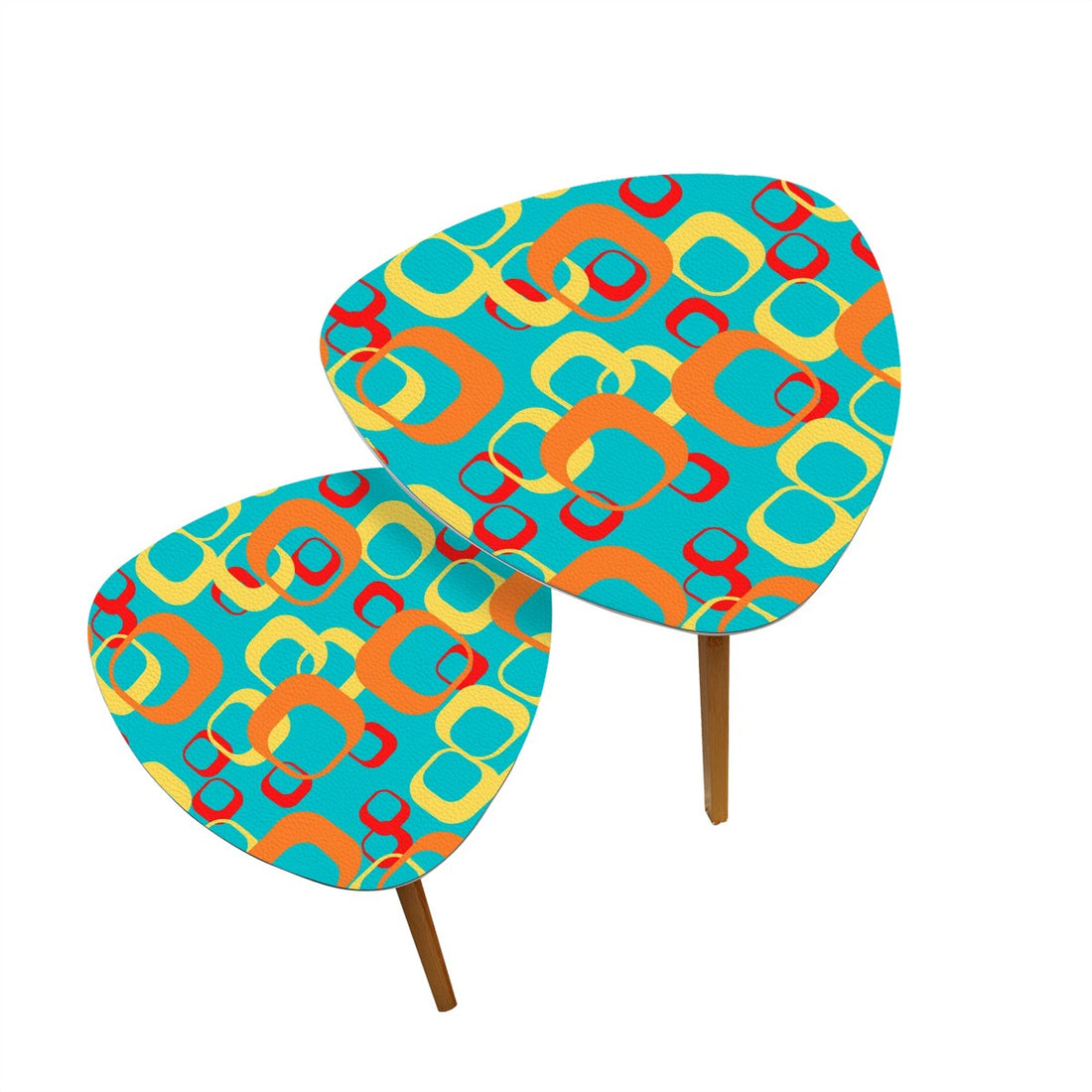 Mid Century Modern Designed Nesting Tables, Geometric Teal, Orange Yellow Mod Tables