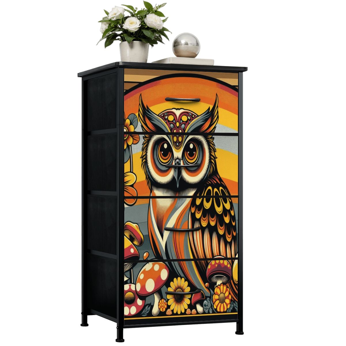 Retro 70s Owl Mushroom Groovy Mid Century Modern 4-Drawer Dresser - Mid Century Modern Gal