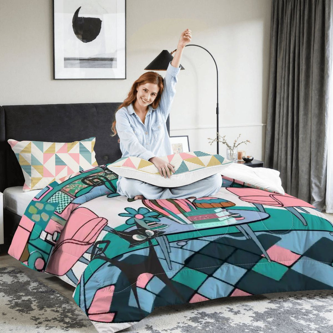 Mid Century Modern Atomic Kitschy Cats, Mod Lounge Scene, Retro MCM King Comforter Set - Mid Century Modern Gal