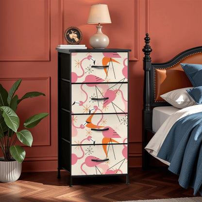 Retro Flamingo Dance Party, Kitschy Quirky Palm Spring California Tropical Flamingo 4-Drawer Dresser - Mid Century Modern Gal