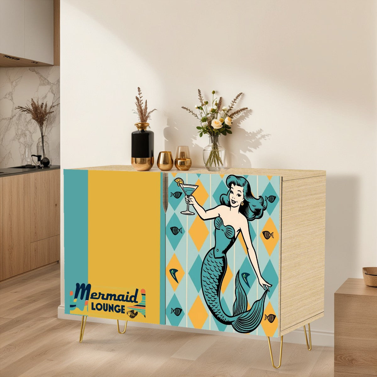 Retro Mermaid Lounge Mid Century Modern Barware Kitschy Mod Wooden Storage Cabinet - Mid Century Modern Gal