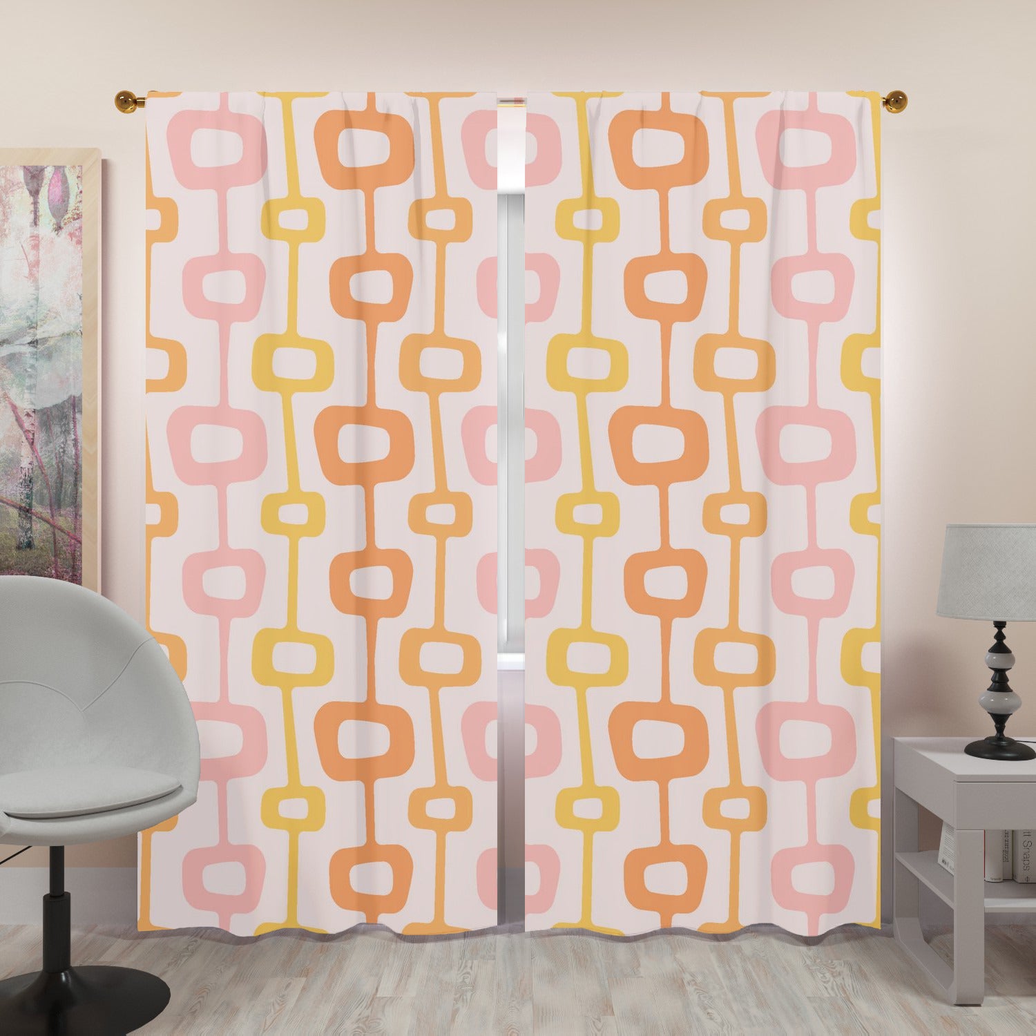 Mid Centuiry Modern Retro Groovy Geometric, Pink, Orange, Yellow MCM Window Curtains (two panels)