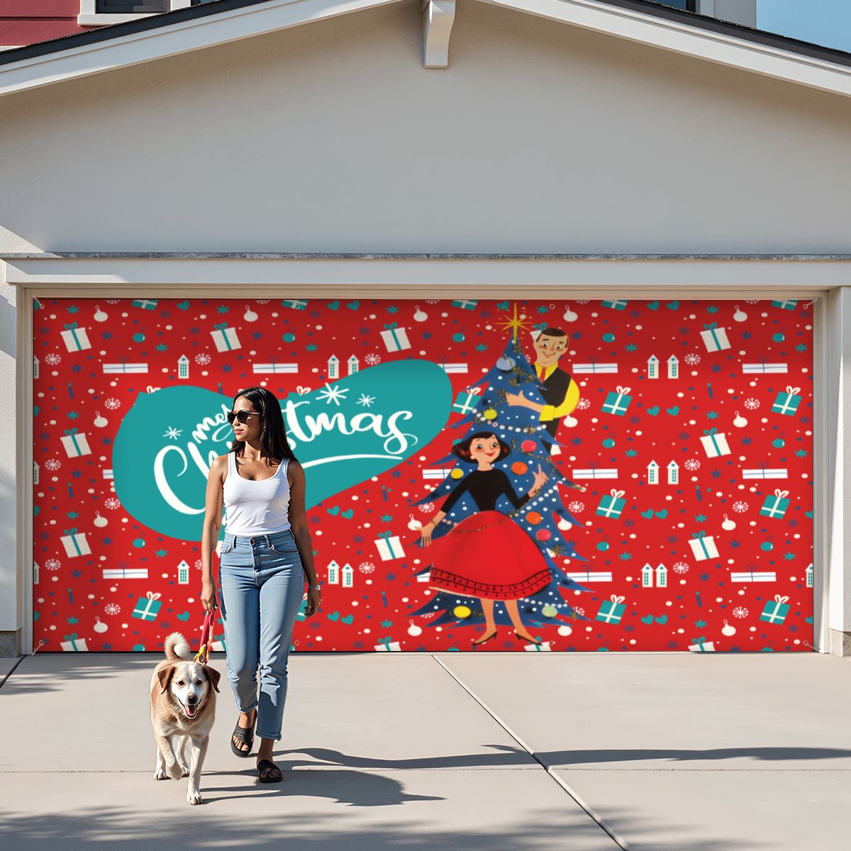 Mid Century Modern Christmas Kitschy 50s Garage Door Banner Backdrop - Mid Century Modern Gal