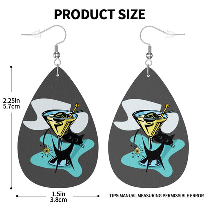 Atomic Cat Martini Cocktail Teardrop Vegan Leather Earrings