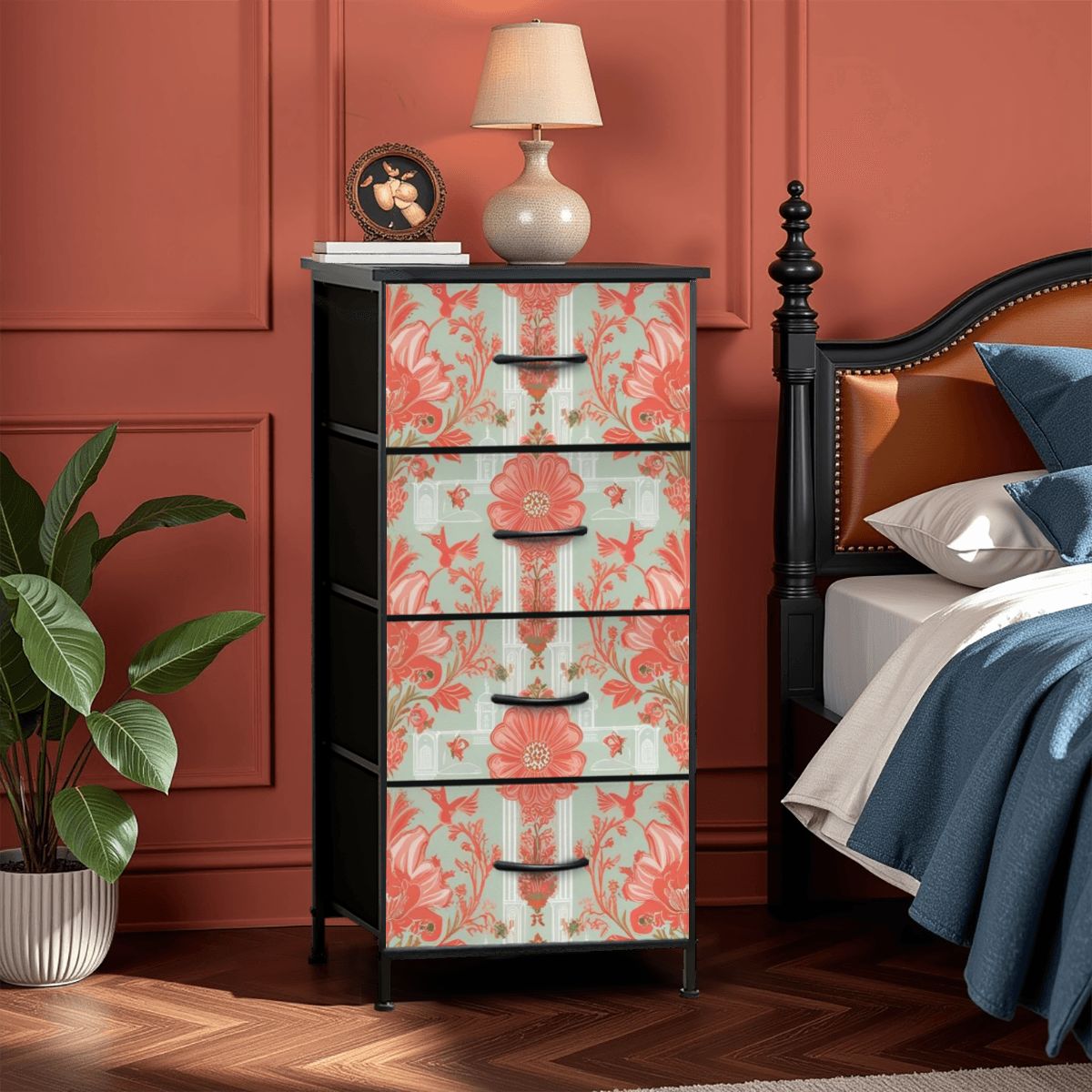 Chinoiserie Elegant Floral, Coral, Green 4-Drawer Dresser - Mid Century Modern Gal