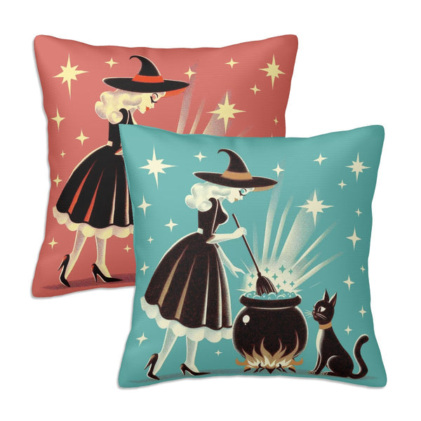 Witch's Brew Mid Century Modern Halloween Gothic Coral & Teal Pillow Covers Only