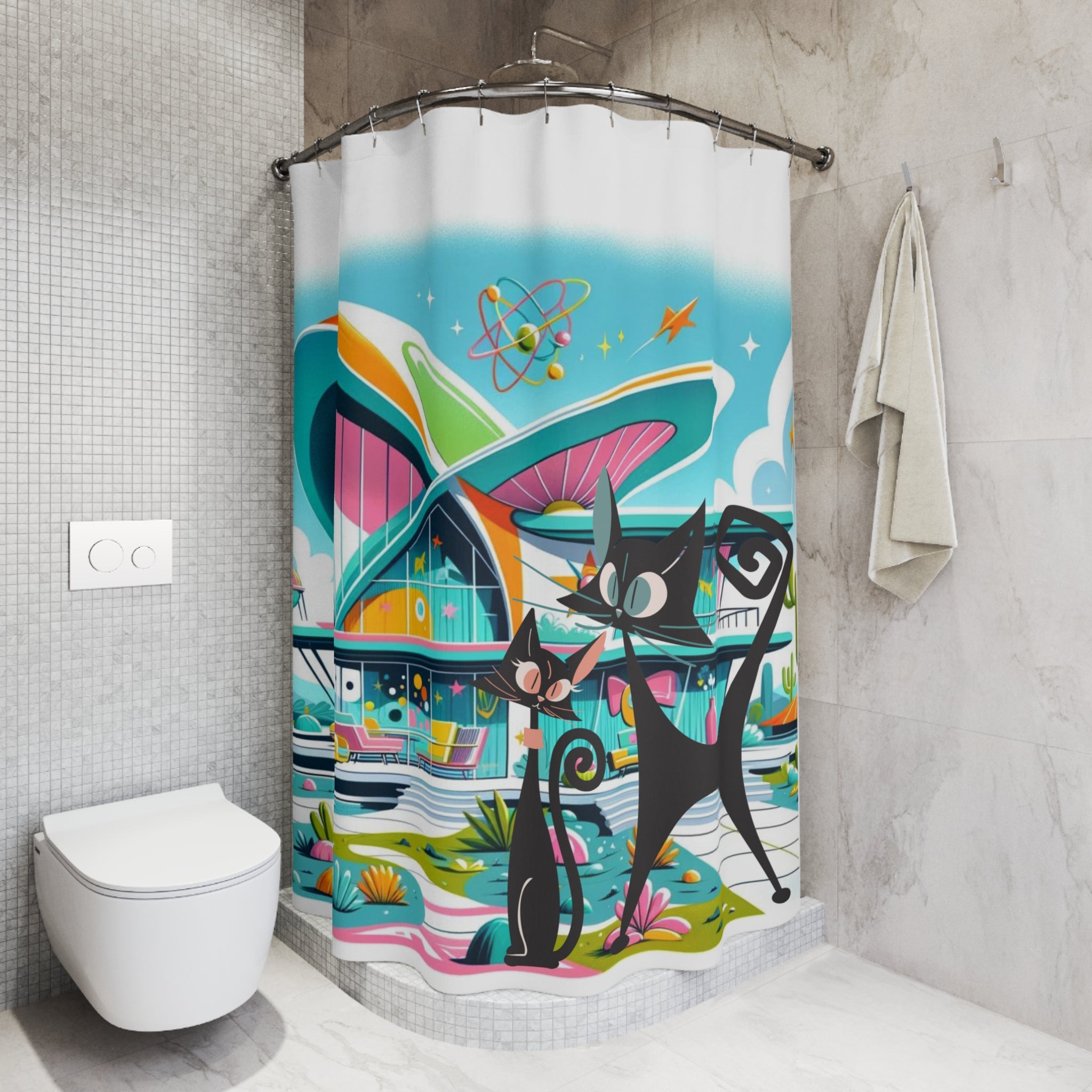 Atomic Cat Shower Curtain, Mid Century Modern Googie Designed, Pink, Aqua, Lime Green, Blue Kitschy Cute New Home Gifts
