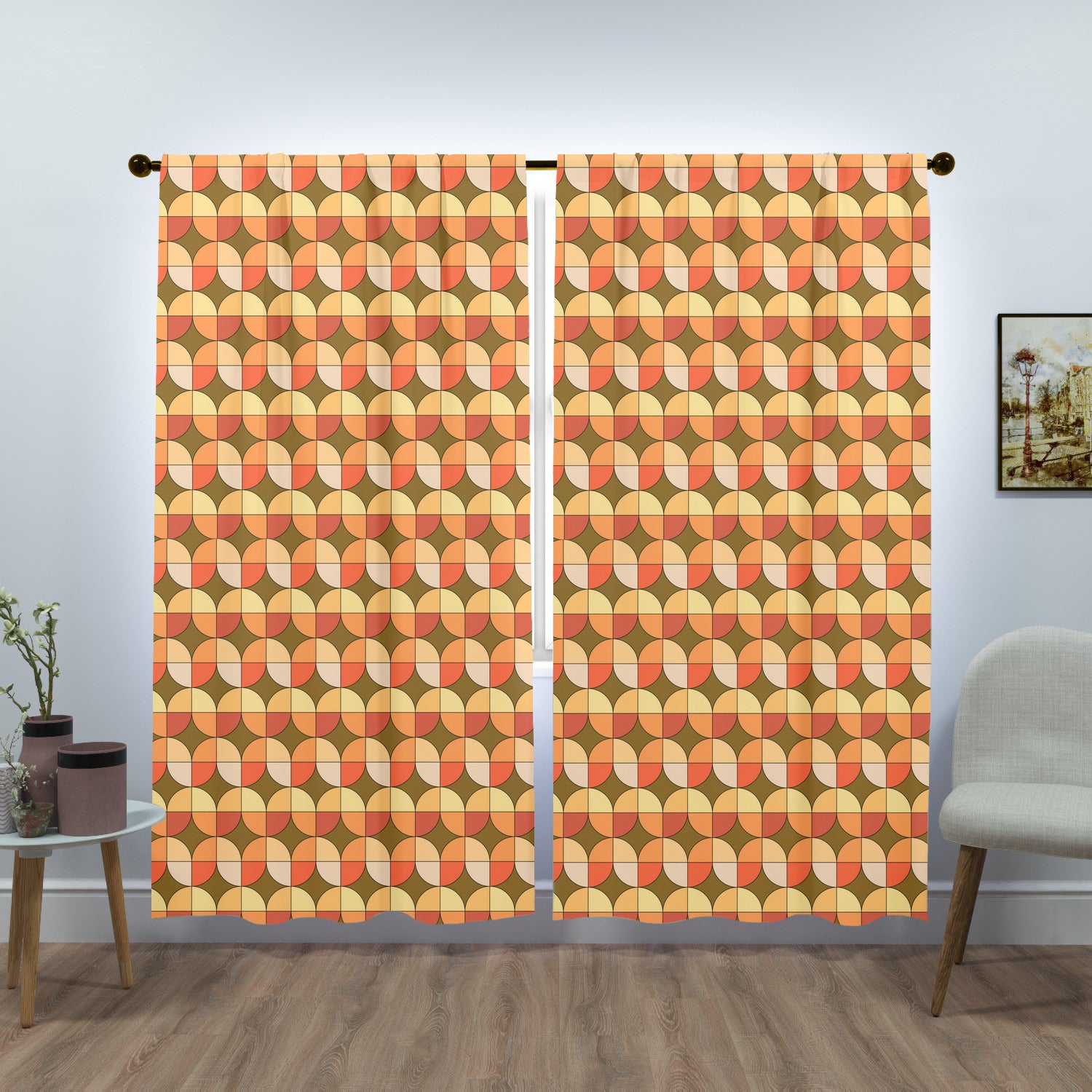 Mid Century Modern Scandinavian Geometric Green, Orange Retro Window Curtains (two panels) - Mid Century Modern Gal