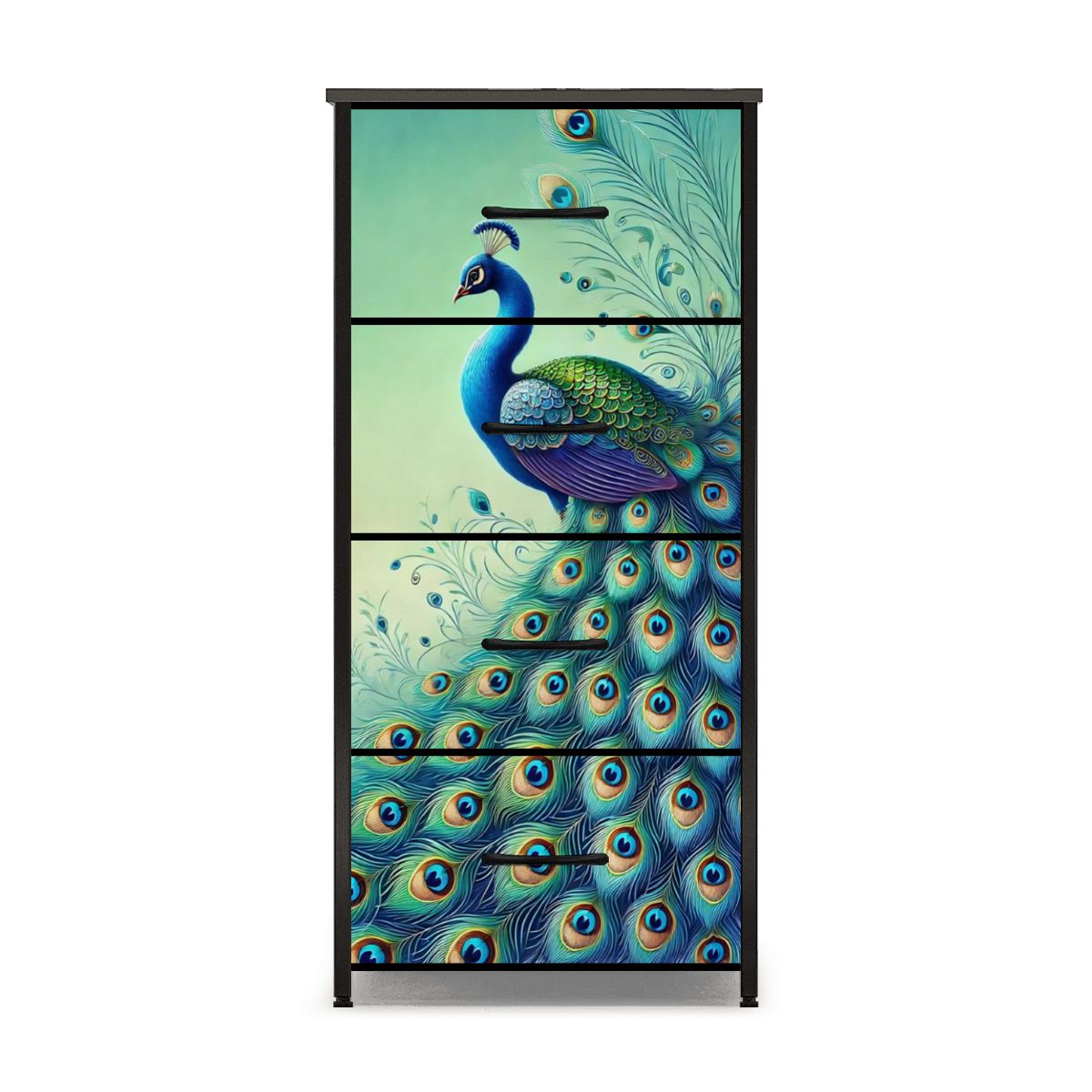 Peacock Watercolor Chinoiserie Designed Blue Green Modern 4-Drawer Dresser - Mid Century Modern Gal