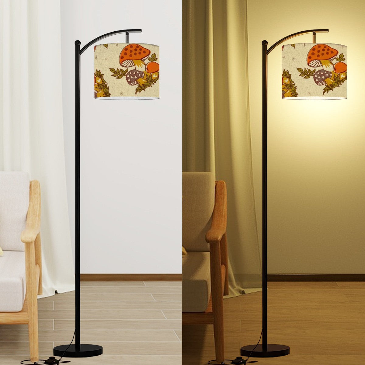 Arc Floor Lamp Adorned in 1970s Merry Mushroom Retro Mod Lighting