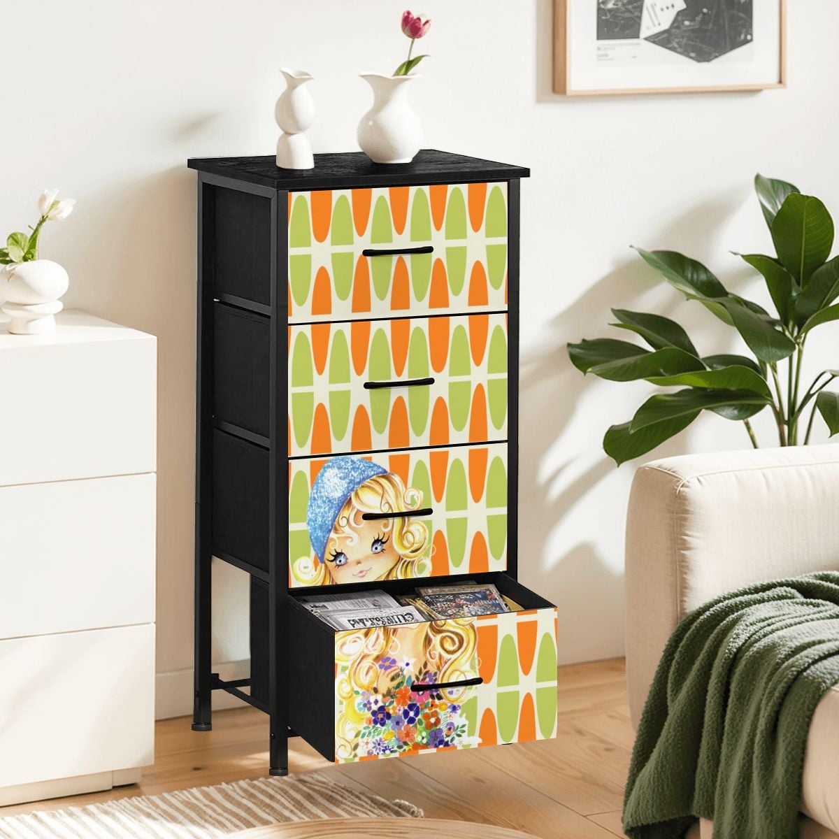 Retro 60s 70s Big Eyed Girl Mid Mod Orange Green Mid Century Modern 4-Drawer Dresser - Mid Century Modern Gal