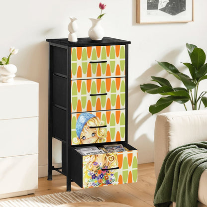 Retro 60s 70s Big Eyed Girl Mid Mod Orange Green Mid Century Modern 4-Drawer Dresser - Mid Century Modern Gal