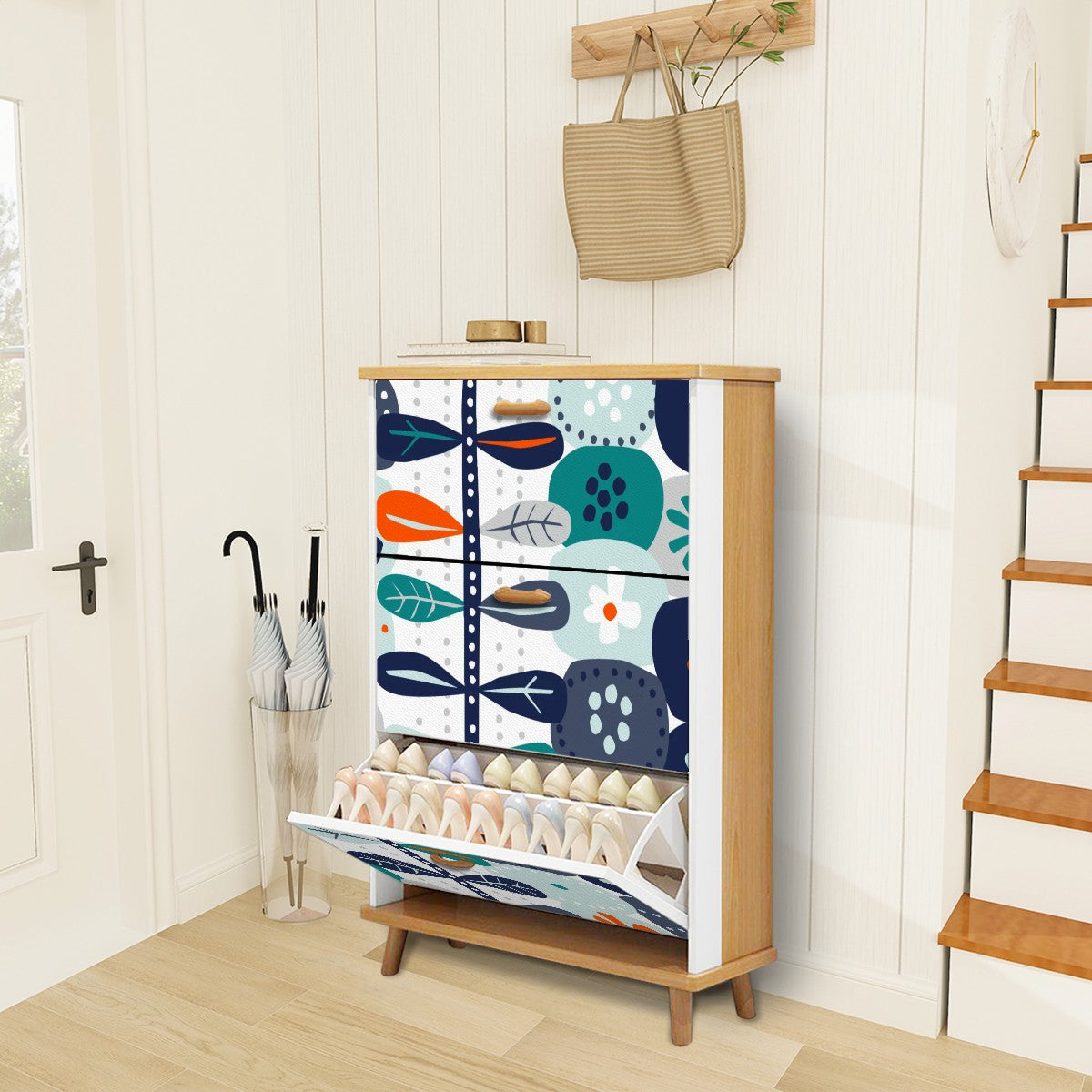 Scandinavian Blue Orange White, Teal Modern Danish Floral Shoe Cabinet - Mid Century Modern Gal