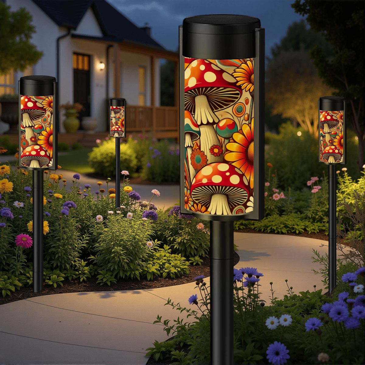 70s Retro Groovy Mushroom Sunflower Garden MCM Outdoor Solar Lights - Mid Century Modern Gal