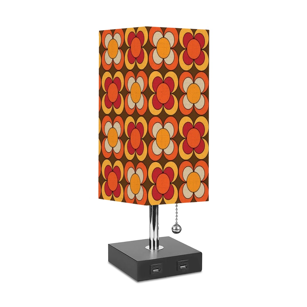 Retro Flower Orange Brown Yellow Red, Mod Floral Square Table Lamp - Mid Century Modern Gal
