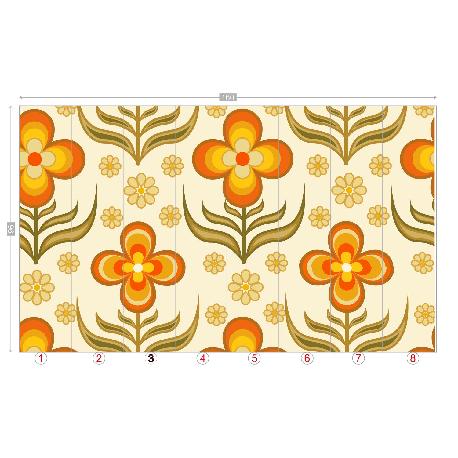 Flower Power, Scandinavian Floral Wallpaper, Peel And Stick Orange, Yellow Green Wall Mural