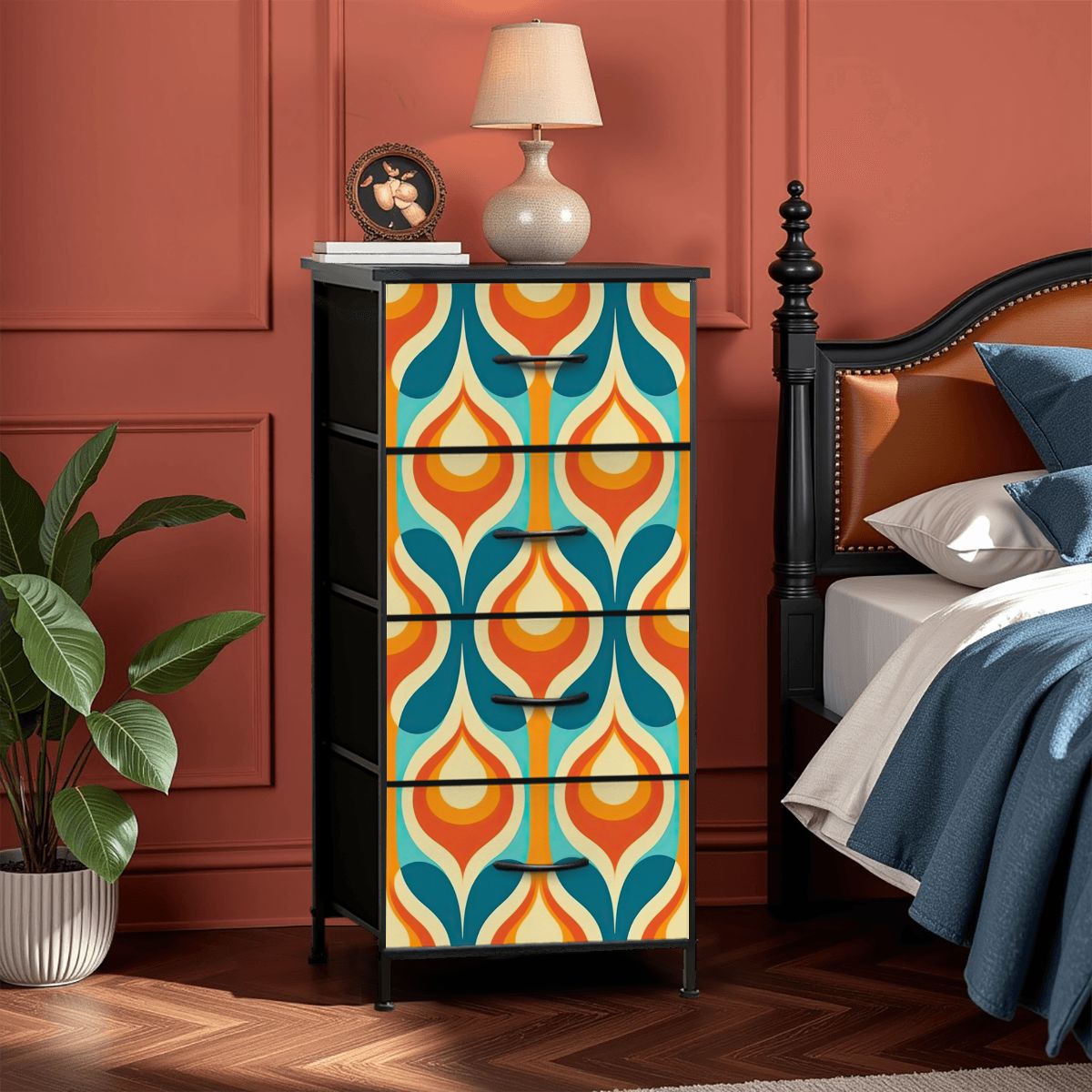 Mid Century Modern Orange Teal Mustard Yellow Retro Mod 4-Drawer Dresser - Mid Century Modern Gal
