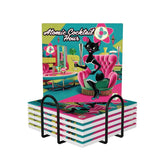 Atomic Cocktail Hour, Mid Century Modern Kitschy Hot Pink, Teal MCM Barware Square Ceramic Coasters Set of 6 - Mid Century Modern Gal