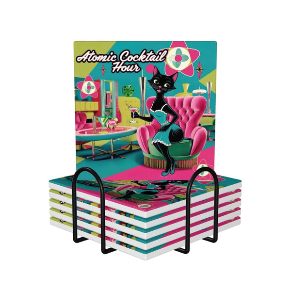 Atomic Cocktail Hour, Mid Century Modern Kitschy Hot Pink, Teal MCM Barware Square Ceramic Coasters Set of 6