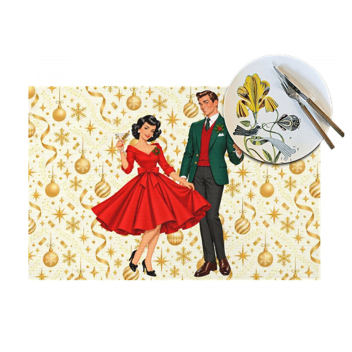 Mid Century Modern Christmas Party Martini Couple Placemat 1pc - Mid Century Modern Gal
