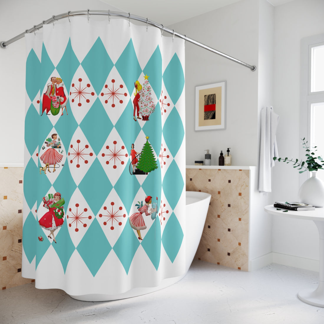 50s Holiday Kitsch, Mid Century Modern Aqua Blue, White Harlequin Diamond Starburst Christmas Shower Curtain - Mid Century Modern Gal