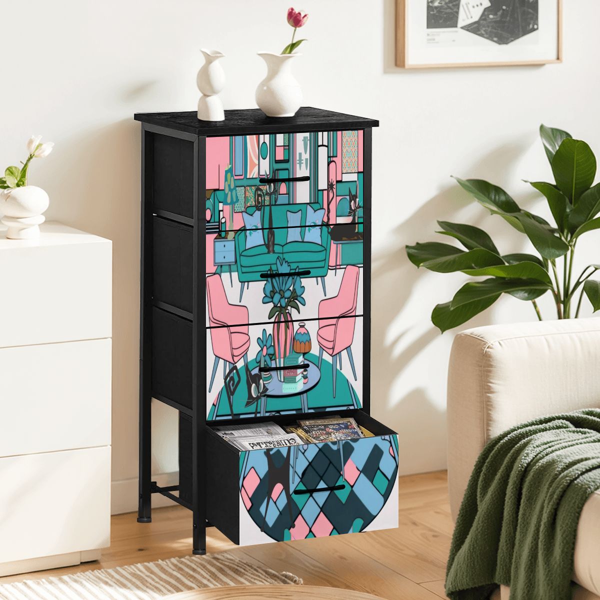 Mid Century Modern Furniture Atomic Cats Kitschy Mod Design 4-Drawer Dresser - Mid Century Modern Gal