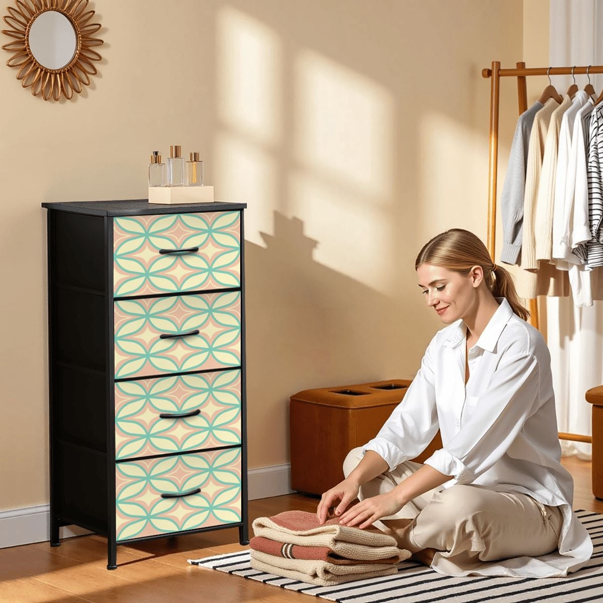 Mid Century Modern Starburst Diamond Pink, Mint Green 4-Drawer Dresser - Mid Century Modern Gal