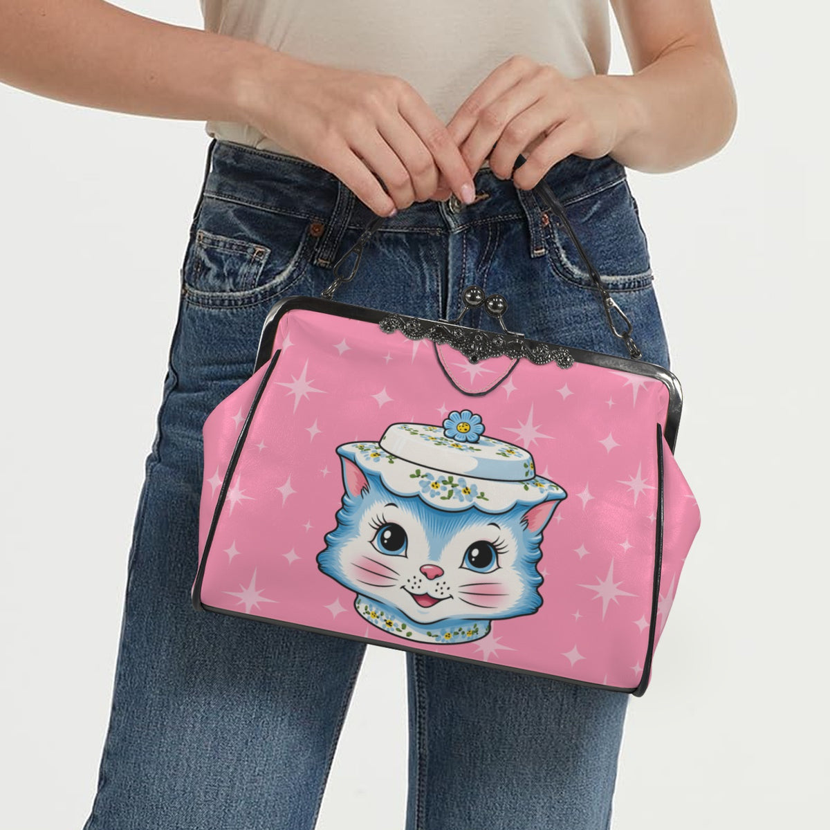 Mid Century Modern Kitschy Anthropomorphic Blue Cat with Floral Hat Kisslock Crossbody Purse