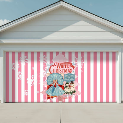 Wallace and Davis Kitschy Christmas Pink White Striped Garage Door Banner Backdrop - Mid Century Modern Gal