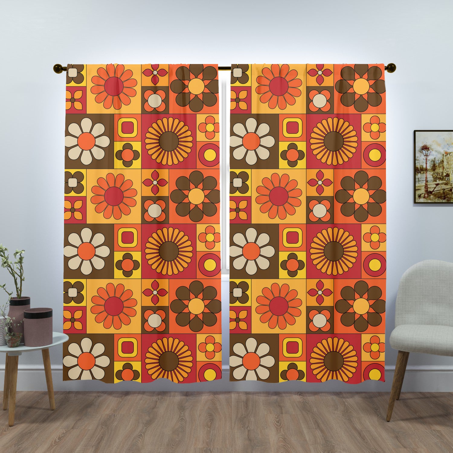 70s Flower Power Retro Orange Brown Yellow Mid Mod Window Curtains (two panels) - Mid Century Modern Gal